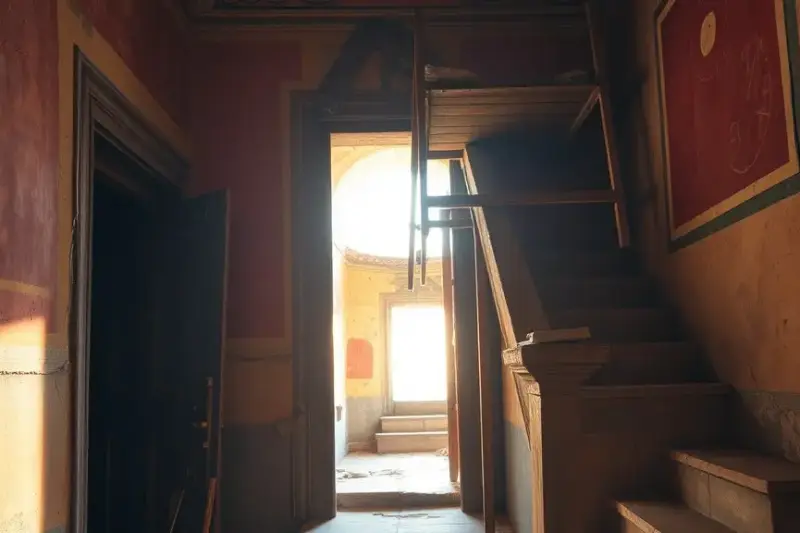 Interior de una antigua casa romana con frescos y andamios de restauración en Pompeya