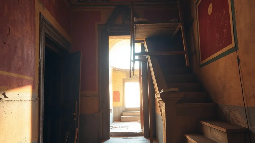 Interior de una antigua casa romana con frescos y andamios de restauración en Pompeya