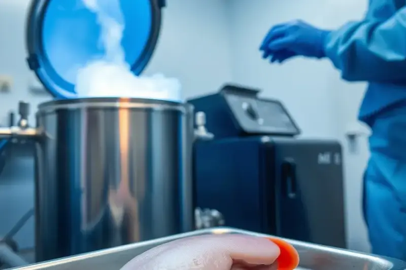 Laboratorio de investigación con un recipiente criogénico y un riñón sobre una bandeja de acero, con un investigador de…