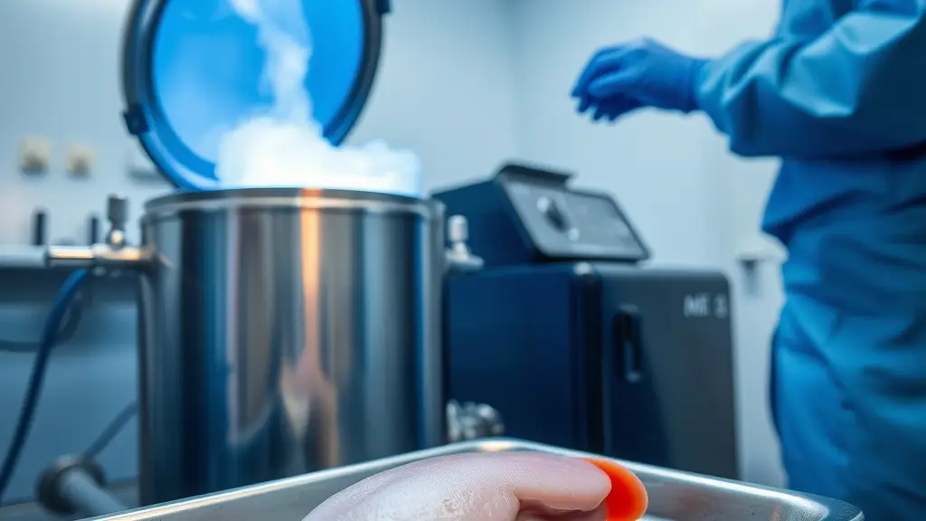 Laboratorio de investigación con un recipiente criogénico y un riñón sobre una bandeja de acero, con un investigador de…
