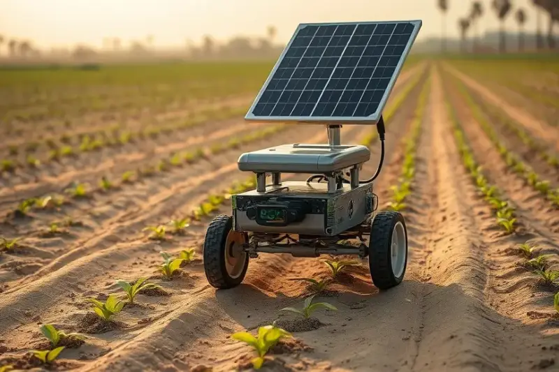 Pequeño robot agrícola con panel solar sembrando en una hilera de un campo de maíz al amanecer.