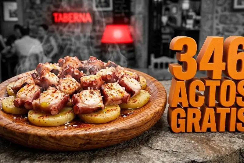 Primer plano macro de una ración de pulpo al estilo tradicional con cifras 3D en naranja.