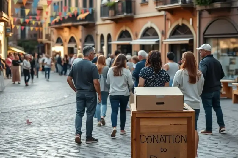 Plaza de un pueblo tras unas fiestas, con vecinos de espaldas junto a una mesa de donativos al atardecer.