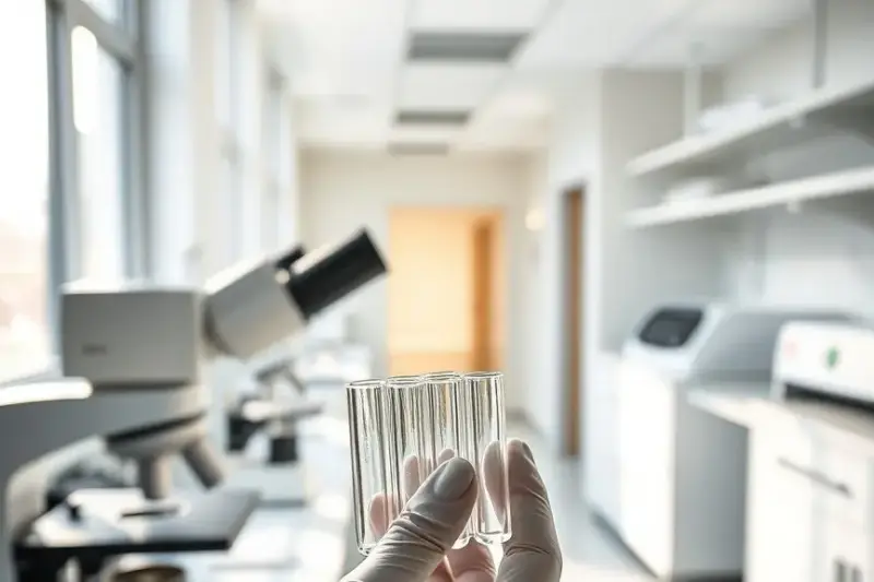 Laboratorio de investigación con microscopio y tubos de ensayo en primer plano