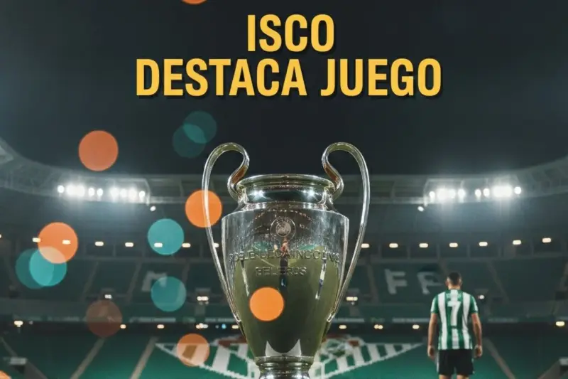 Trofeo de la Champions brillante delante, estadio difuminado y jugador genérico al fondo.
