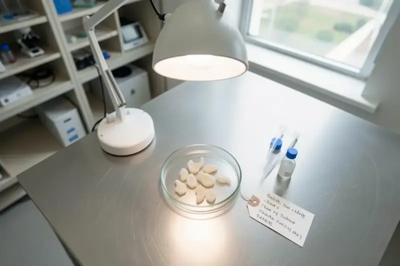 Muestras de tejido en una placa de laboratorio sobre una mesa de acero, con luz natural de una ventana.