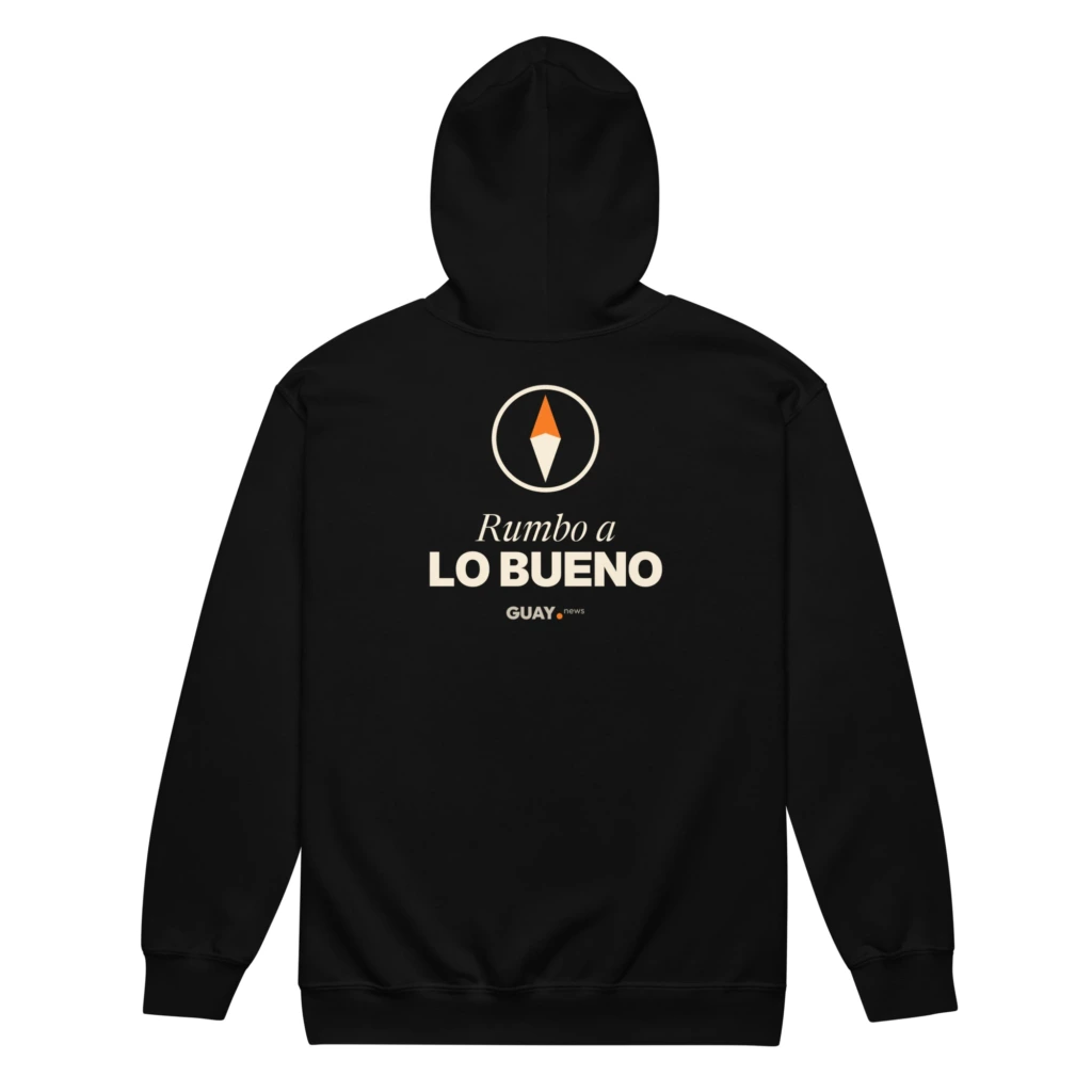 Sudadera con cremallera de hombre «Rumbo a lo bueno» de GUAY.news en negro, vista de espalda