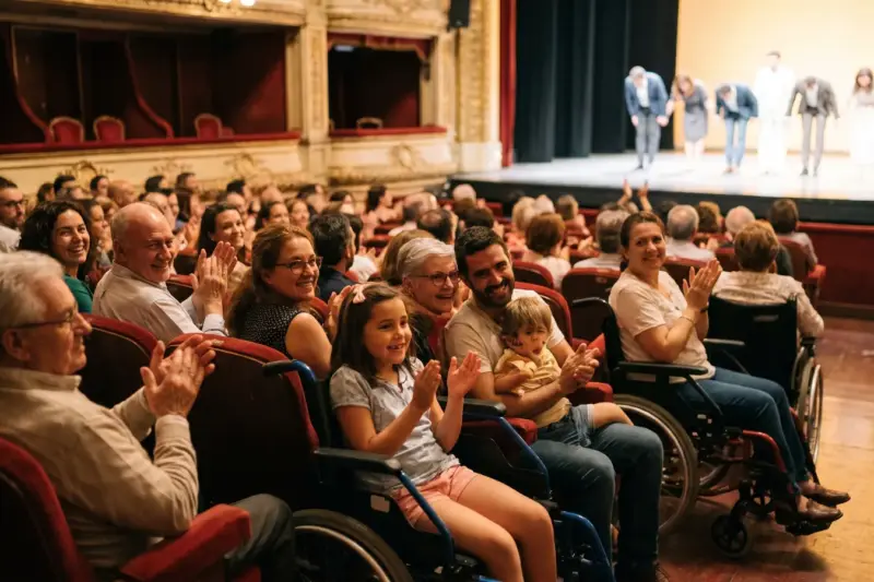 Público diverso aplaude desde las butacas rojas de un teatro clásico de Madrid