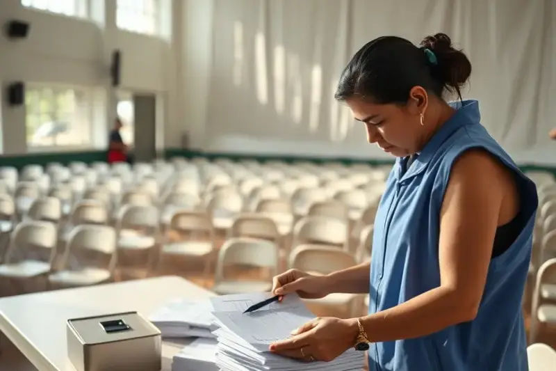 Voluntaria clasificando formularios de donación en una sala con sillas vacías al atardecer