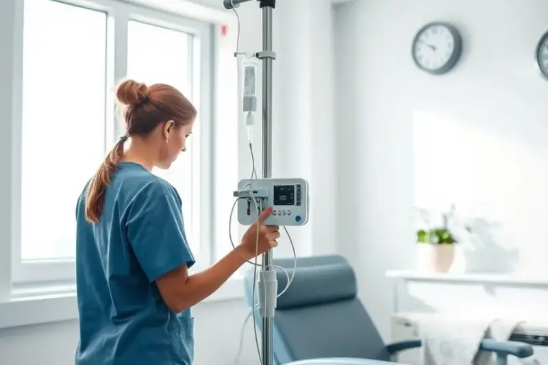 Enfermera ajustando una vía intravenosa junto a un sillón de tratamiento en una sala hospitalaria luminosa