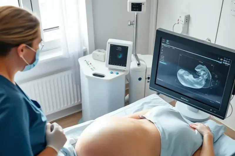 Sala de ecografía prenatal de un hospital, con una embarazada en la camilla y un monitor con una imagen fetal al fondo.