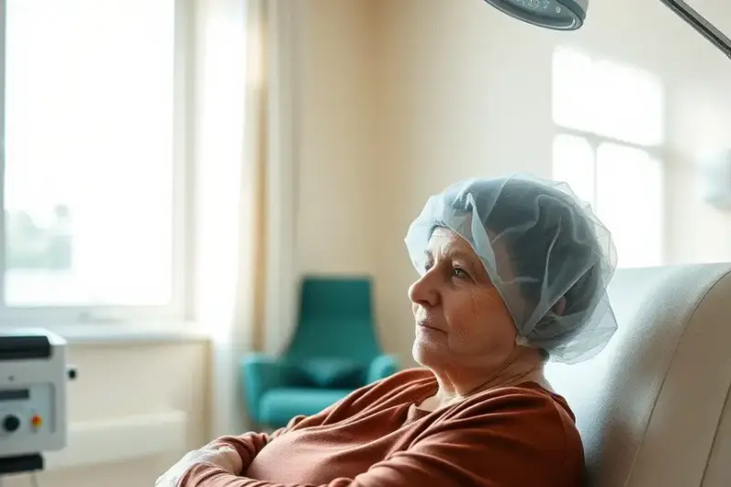 Paciente sentada en un sillón de una unidad hospitalaria mientras lleva un gorro refrigerado conectado a una máquina.