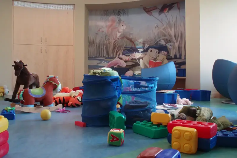 Interior de una biblioteca rural con estanterías de libros infantiles y luz de mañana entrando por las ventanas.