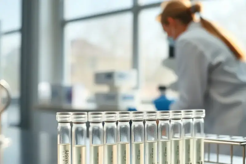 Viales de vacuna sobre una mesa de laboratorio con un investigador al fondo