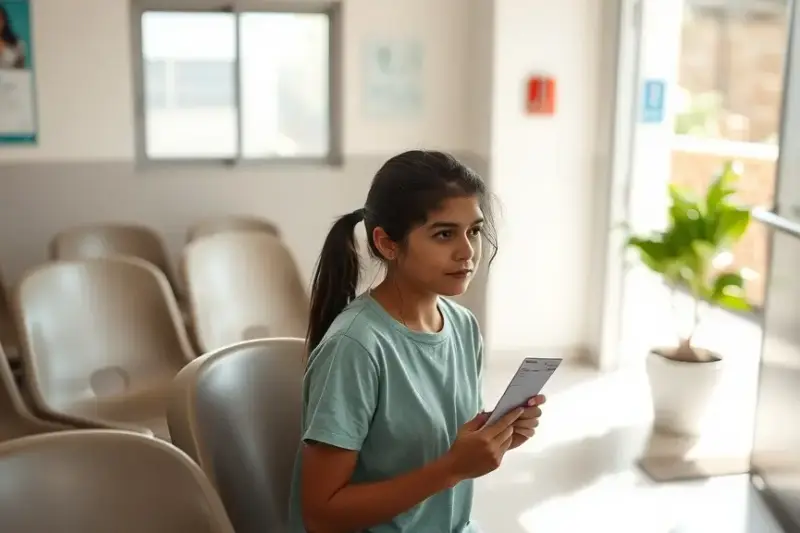 Adolescente sentada junto a su madre en la sala de espera de un centro de salud, con luz natural de mañana.