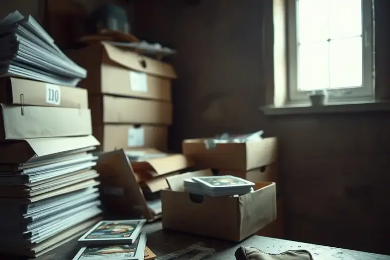Cajas de cartón y carpetas de cartas coleccionables apiladas en un sótano doméstico con poca luz.