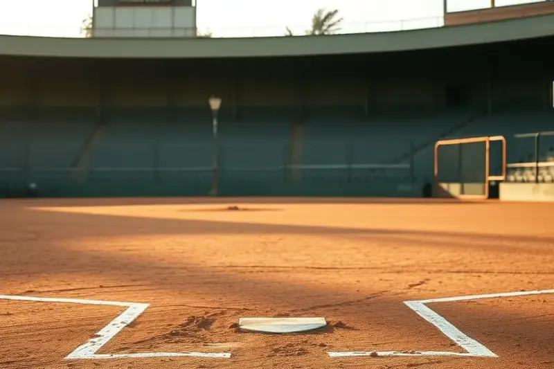 Campo de béisbol antiguo con gradas de madera y tierra del cuadro iluminada por la luz de la tarde
