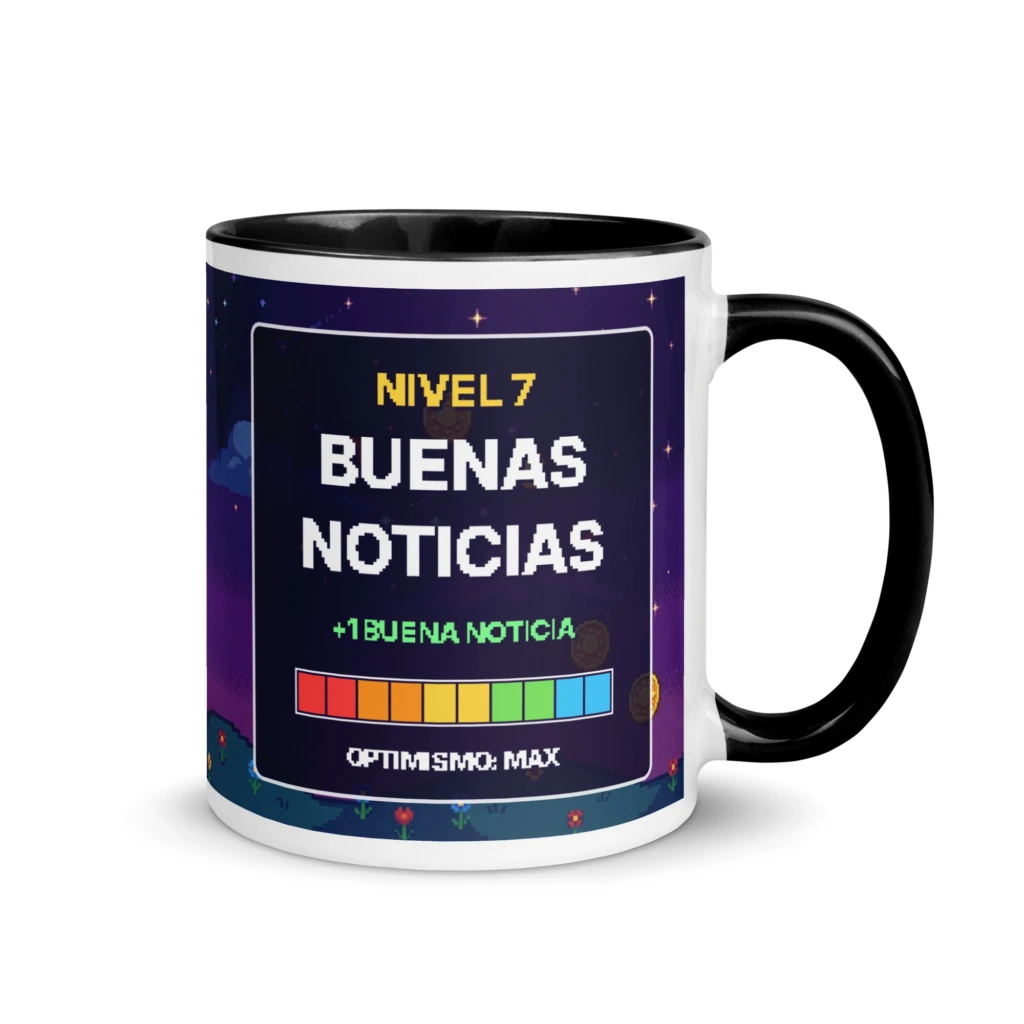 Taza gamer GUAY Quest de pixel art de 11 oz (325 ml) con interior negro, lado del marcador «Nivel 7: buenas noticias»