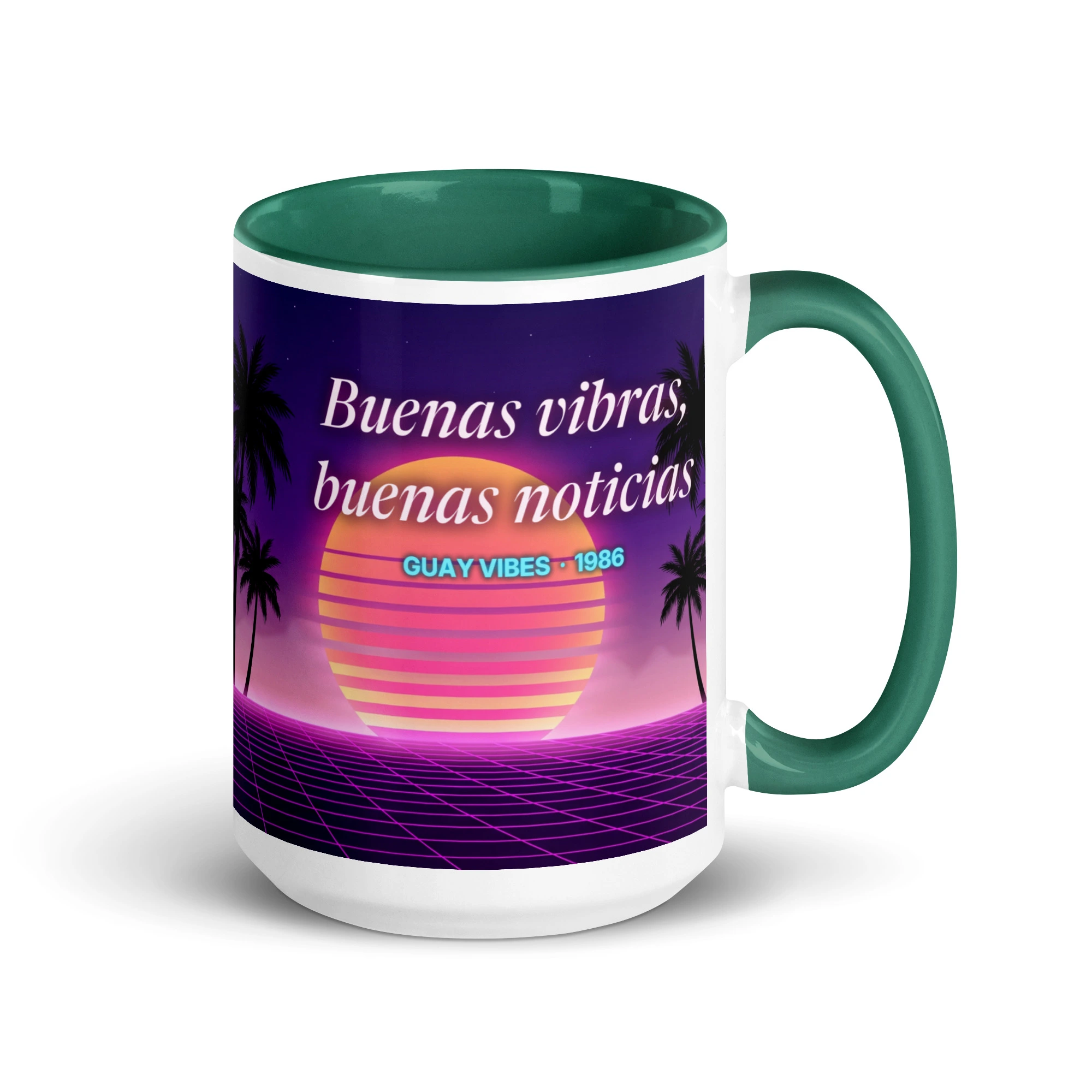 Taza synthwave Guay Vibes retro de los 80 de 15 oz (444 ml) con interior verde oscuro, lado de «Buenas vibras, buenas noticias»