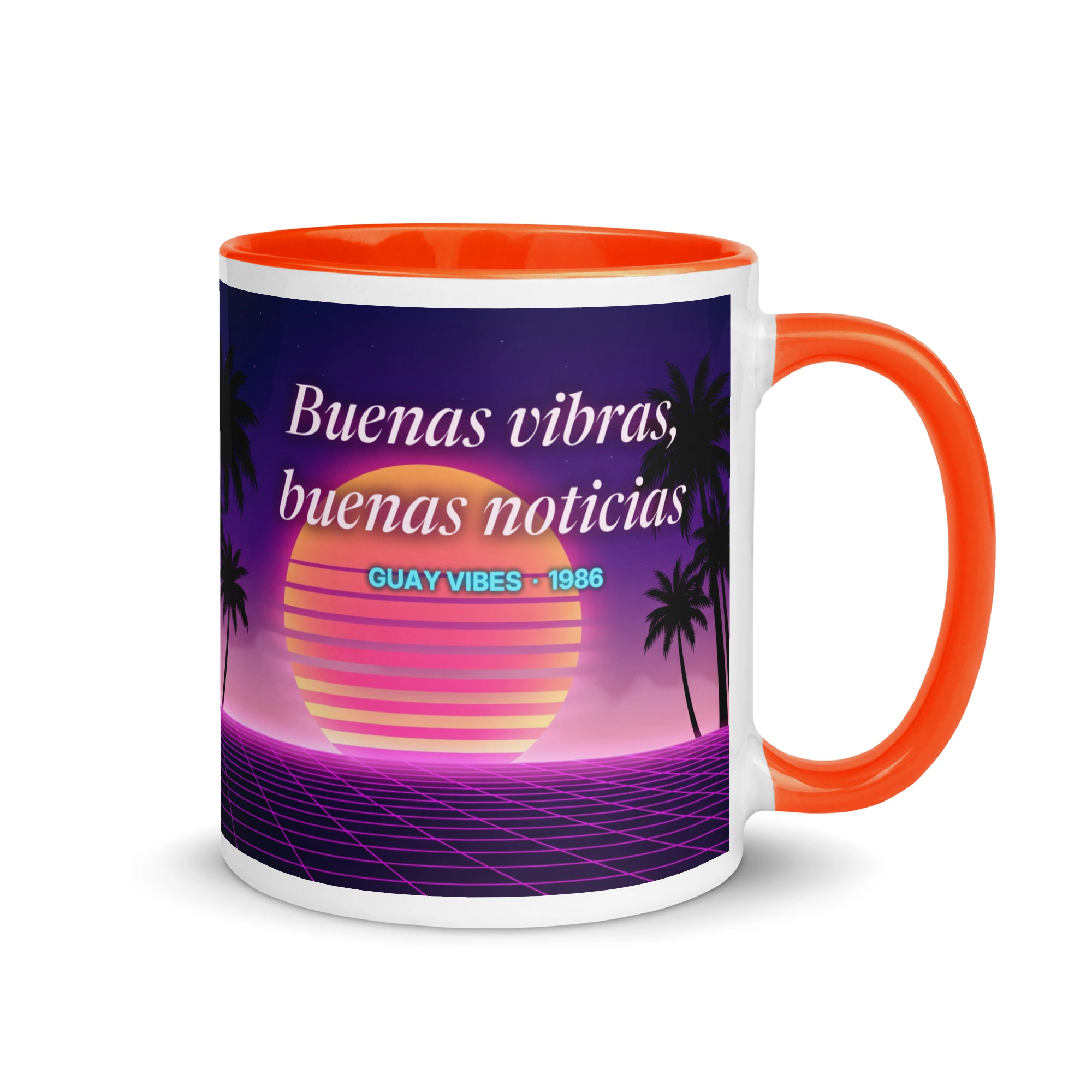 Taza synthwave Guay Vibes retro de los 80 de 11 oz (325 ml) con interior naranja, lado de «Buenas vibras, buenas noticias»