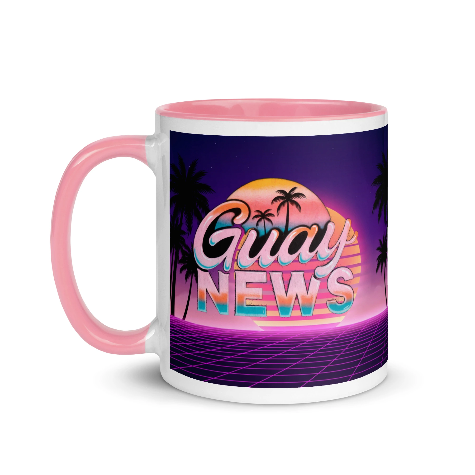 Taza synthwave Guay Vibes retro de los 80 de 11 oz (325 ml) con interior rosa, lado del logotipo retro de GUAY.news