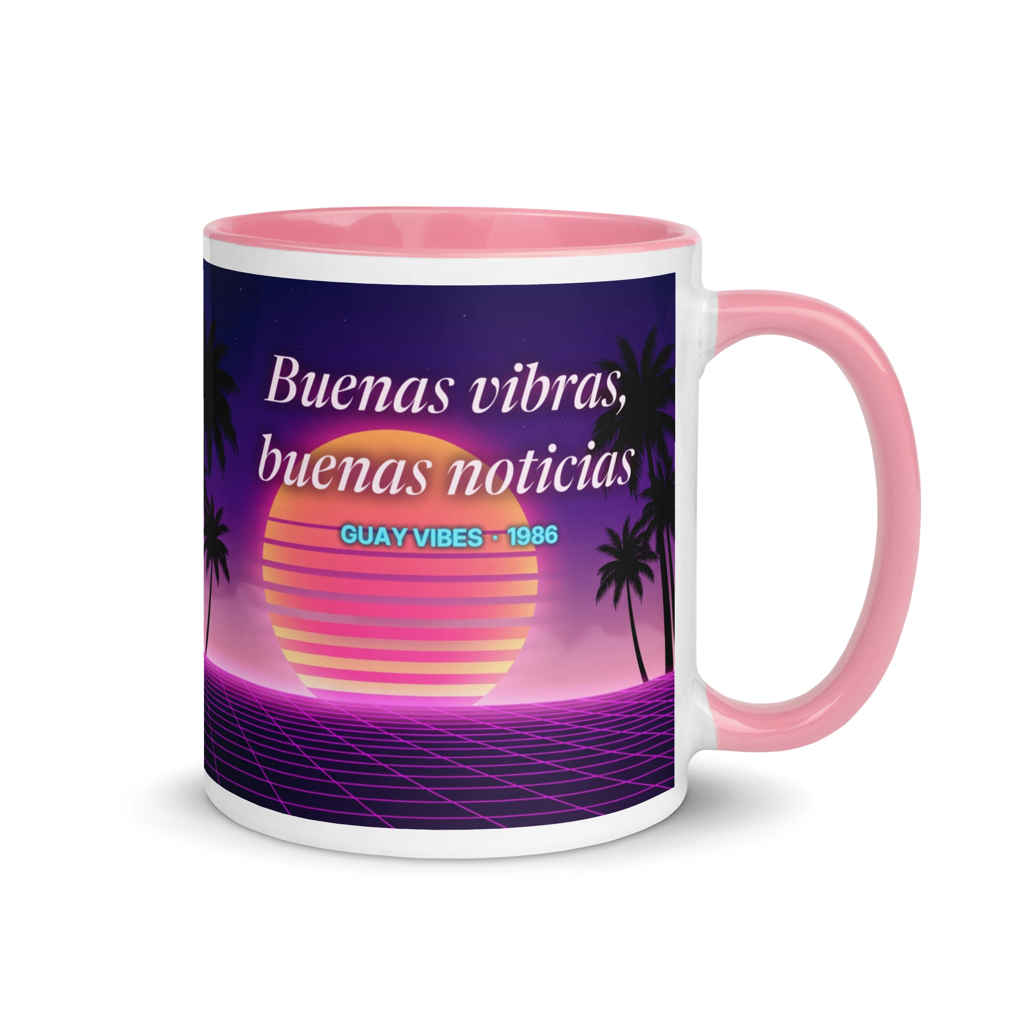 Taza synthwave Guay Vibes retro de los 80 de 11 oz (325 ml) con interior rosa, lado de «Buenas vibras, buenas noticias»