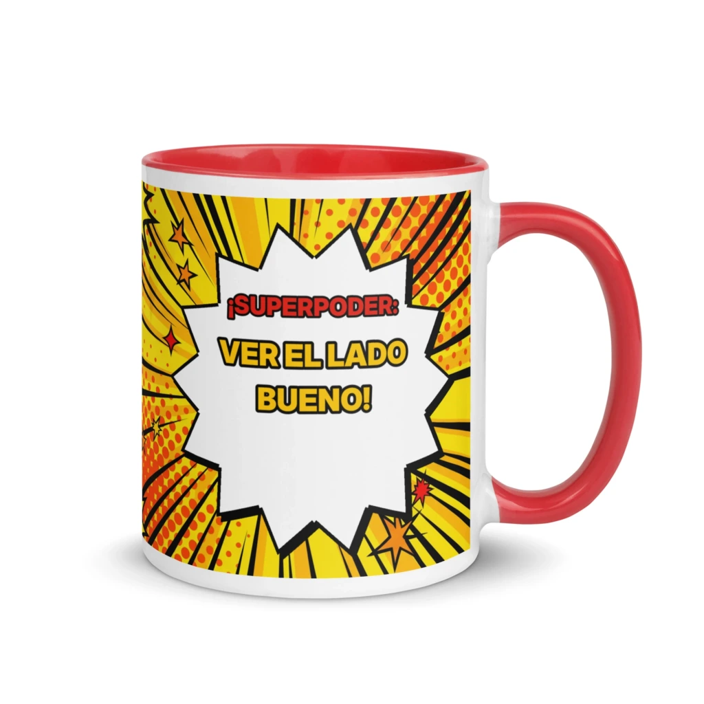 Taza cómic pop-art Superpoder de GUAY.news de 11 oz (325 ml) con interior rojo, lado del bocadillo «¡Superpoder: ver el lado bueno!»