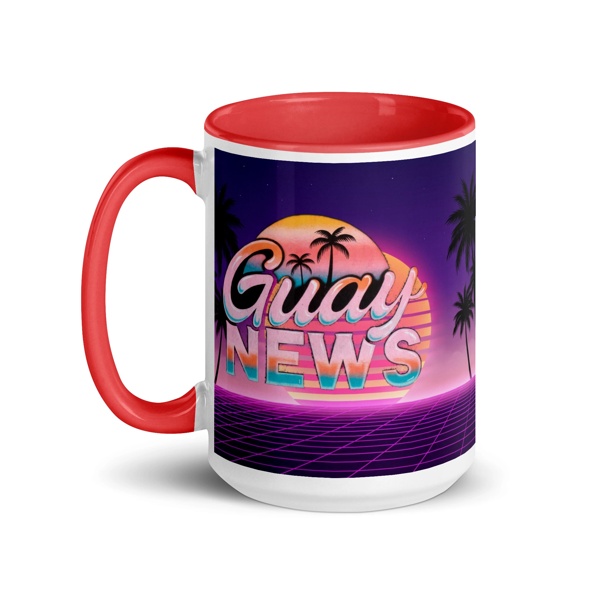Taza synthwave Guay Vibes retro de los 80 de 15 oz (444 ml) con interior rojo, lado del logotipo retro de GUAY.news