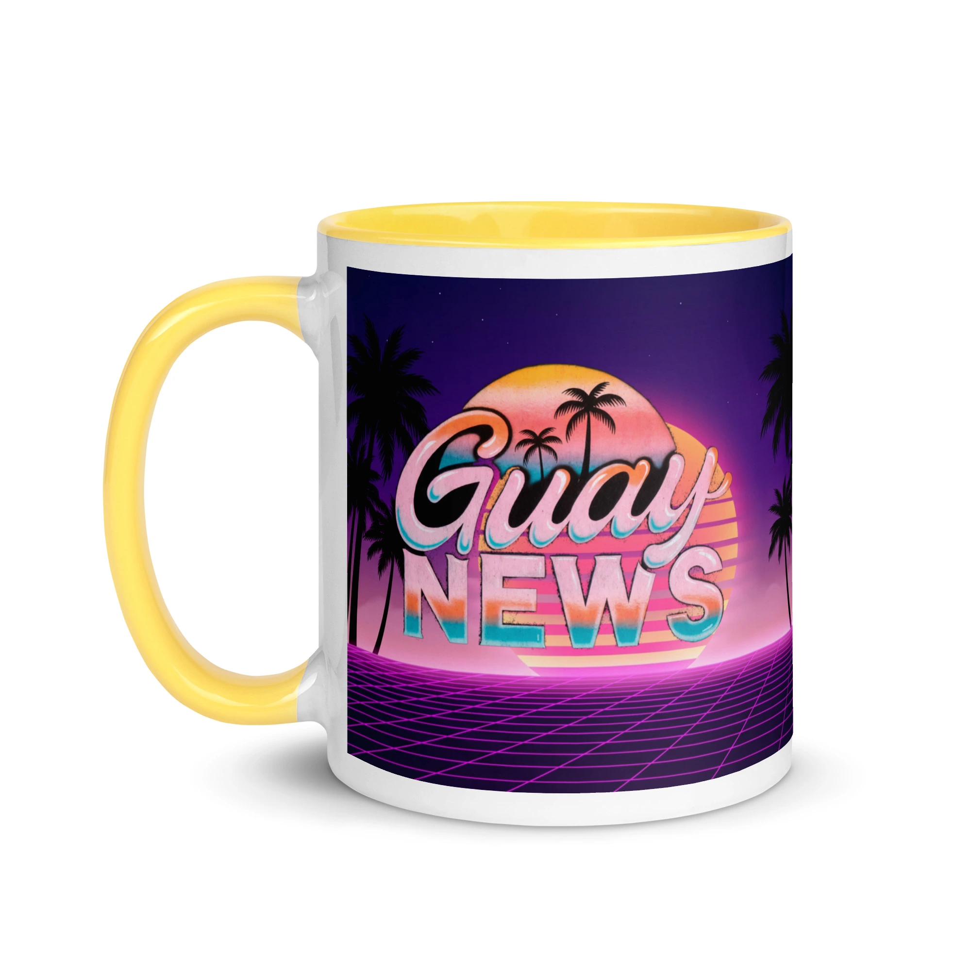 Taza synthwave Guay Vibes retro de los 80 de 11 oz (325 ml) con interior amarillo, lado del logotipo retro de GUAY.news
